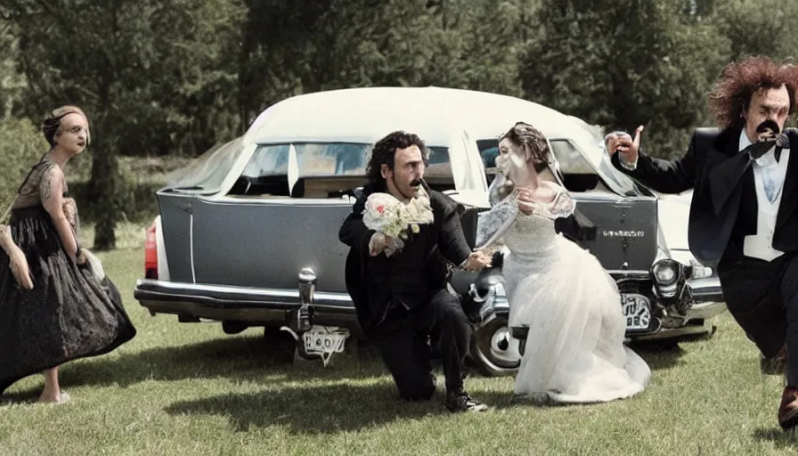 Image similar to Tim Burton movie about an evil hearse attacking people at a wedding