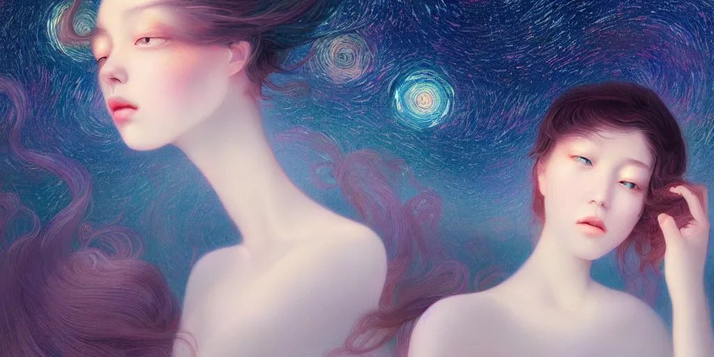 Image similar to breathtaking delicate detailed concept art painting beauty faces with starry night inside, by hsiao - ron cheng, bizarre compositions, exquisite detail, pastel colors, 8 k