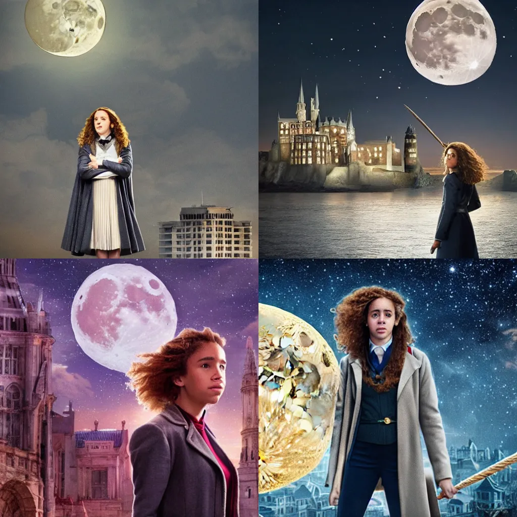 Prompt: The moon as Hermione Granger, shining over a city.