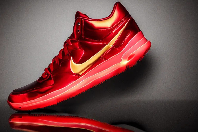 Image similar to mid product still of The New metallic red and gold Ironman Nike sneakers with glowing arc reactor swoosh and carbon fiber accents, 4k