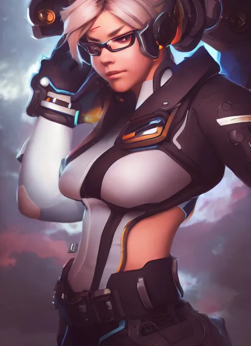 Image similar to character portrait of a fusion of Mei from Overwatch and Soldier 76 from Overwatch by ArtGerm and Tom Bagshaw, 4k, highly detailed, cinematic lighting, characters merged