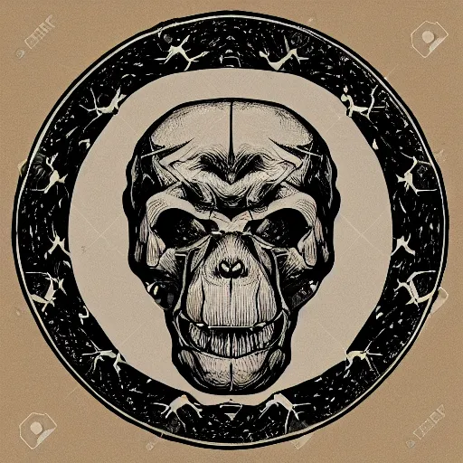 Image similar to a logo of a humanoid chimp skull hovering over a star pattern, 2 handguns are crossing in the middle of the picture ultra detailed, fine line pen drawing on parchment, symmetrical, stylish