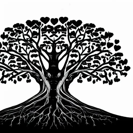 Prompt: a drawing of a tree with its roots in the shape of a heart and its canopy in the shape of the mandelbrot set, featured on deviantart, black and white, detailed