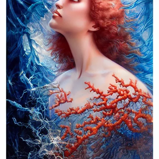 Image similar to a beautiful coral manipulating water by karol bak, ayami kojima, artgerm, river, water, blue eyes, smile, concept art, fantasy