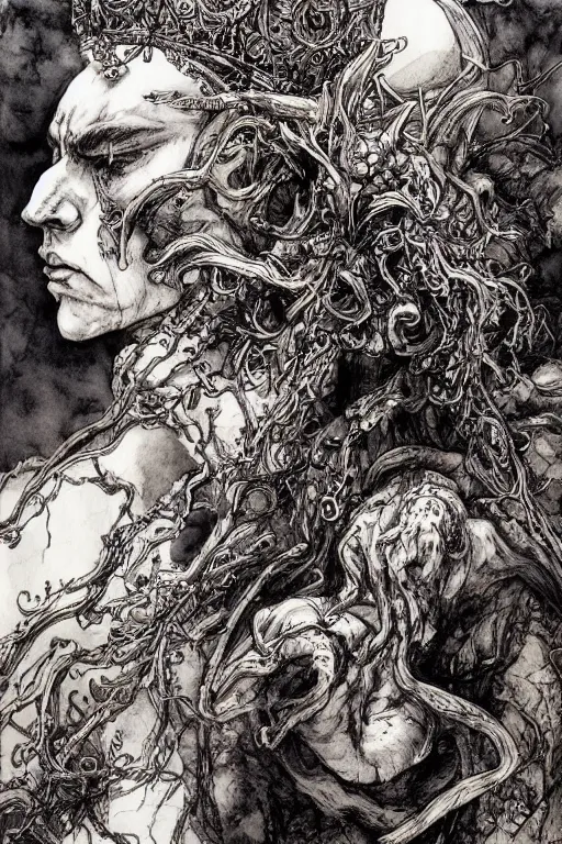 Image similar to portrait The King of Fools, With a Jesters crown, Wings lift him up, Roots hold him down, pen and ink, intricate line drawings, by Yoshitaka Amano, Ruan Jia, Kentaro Miura, Artgerm, watercolor