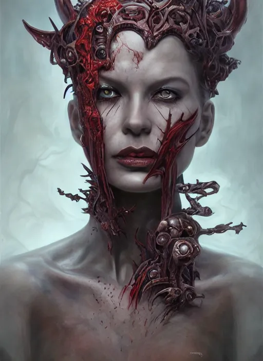 Image similar to a hyper detailed full face portrait of human transforming into the queen of blades, diablo 4 lilith, sideshow figurines, by dorian cleavenger, greg rutkowski, wlop, astri lohne, zdzisław beksinski trending on artstatio