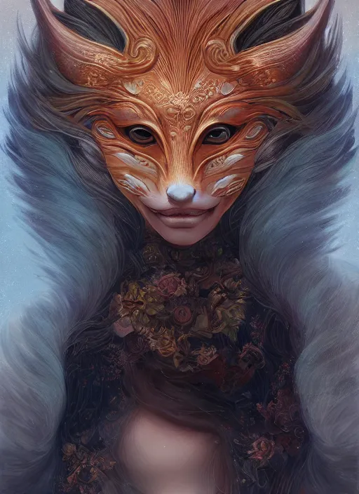 Image similar to a beautiful detailed oil on copper art illustration of a japanese kitsune mask woman, centered, by charlie bowater, zeng fanzh, trending on artstation, dim dusk lighting, cinematic lighting, detailed lighting, volumetric lighting, realistic, f 8, 4 k hd wallpaper