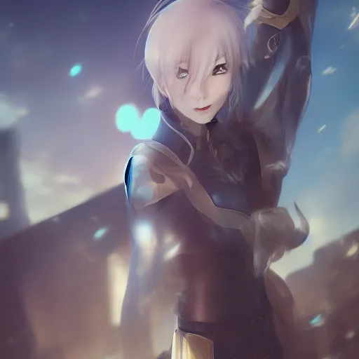 Prompt: A realistic anime painting of a beautiful female knight standing in a futuristic city. digital painting by Sakimichan, Makoto Shinkai, WLOP, Rossdraws, Pixivs and , digital painting. trending on Pixiv. SFW version —H 1080 —W 1920