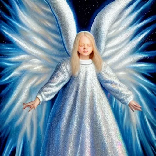 Prompt: highdetailed hyperrealistic painting of white holographic angel in the hood lightning hands with silver sparkles!!!, giant silver ball on the chest!!!!!, 4 k hd fur face!!!, big wings, by jan van eyck, holography space, white sparkles everywhere, thin strokes, white monochrome color!!!!!, hyperrealism textures, realistic