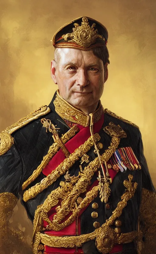 Image similar to Portrait of a middle aged man wearing a ceremonial uniform in an ornate drawing room, male, detailed face, renaissance, royal, highly detailed, cinematic lighting, digital art painting by greg rutkowski