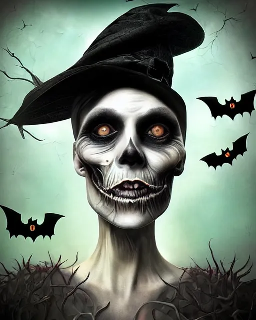 Image similar to halloween witch theme surrealist art in the styles of igor morski, jim warren, and a tim burton film, intricate, hyperrealistic, accurate facial details, profile picture with chromakey!!!!! background, milk - bath effect, volumetric lighting