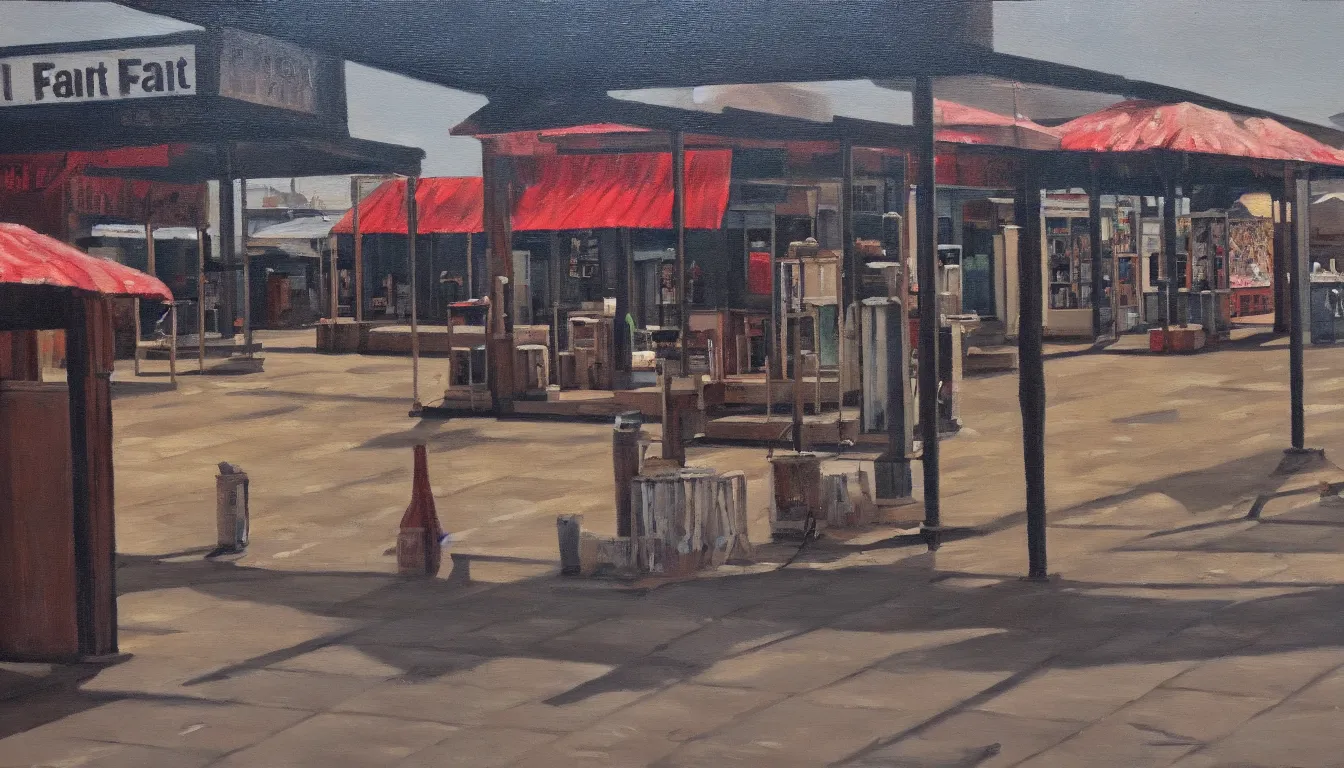 Image similar to oil painting of empty outside town fair, counters, no people, sad, melancholic, depressing, very detailed, emotional, 4 k