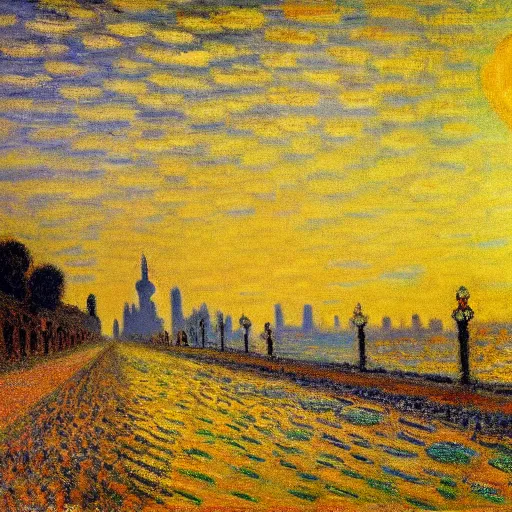 Image similar to a golden road leading to a diamond castle painting by claude monet but as photography, highly detailed, golden hour