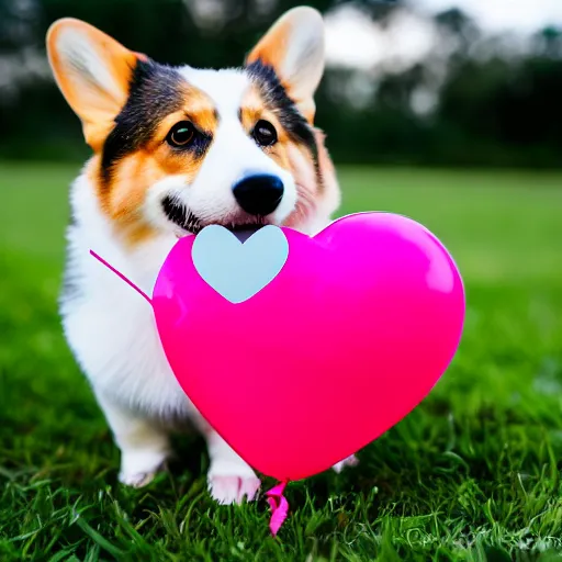 Image similar to a corgi with a heart shaped balloon, Sigma 85mm, f/1.4