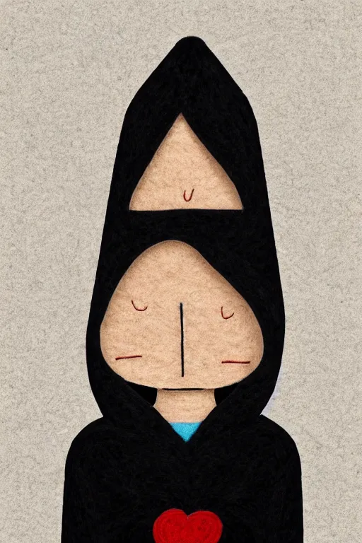 Prompt: ! felt illustration, portrait of a small character, wearing a hood, in the style of anri matiss