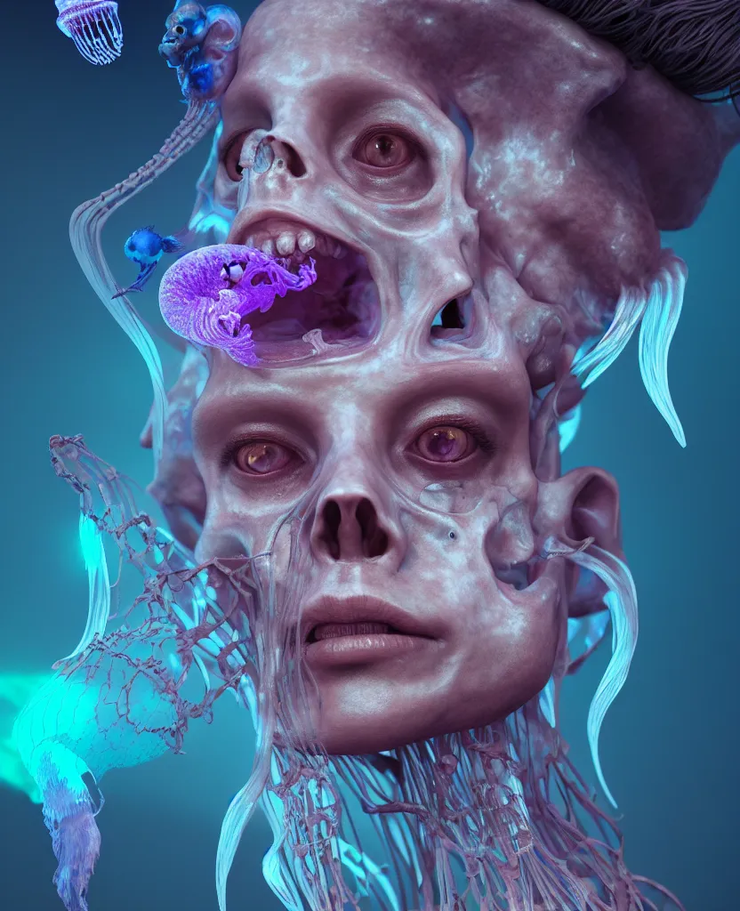 Image similar to goddess close - up portrait human skeleton, ram skull, jellyfish, orchid, betta fish, bioluminiscent, intricate artwork by tooth wu and wlop and beeple. octane render, trending on artstation, greg rutkowski very coherent symmetrical artwork. cinematic, hyper realism, high detail, octane render, 8 k