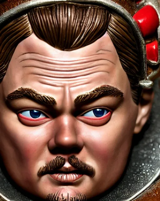 Image similar to highly detailed closeup, face profile portrait of a tin toy leonardo dicaprio as a medieval goblin eating cakes in a castle, hyper realistic, artstation, illustration, nicoletta ceccoli, mark ryden, lostfish, dan decarlo, bob clampett, max fleischer, digital paint, matte paint, vivid colors, detailed and intricate environment