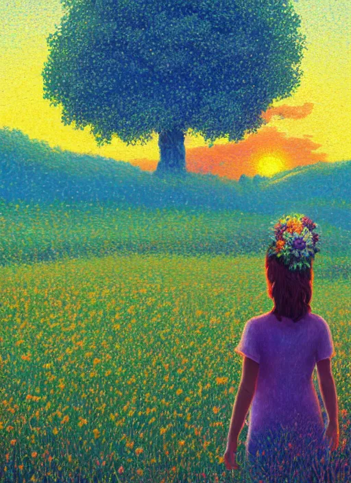 Image similar to girl with one flower head, in a field with flowers, hills, big trees, sunrise dramatic light, impressionist painting, colorful clouds, digital painting, pointillism, artstation, simon stalenhag