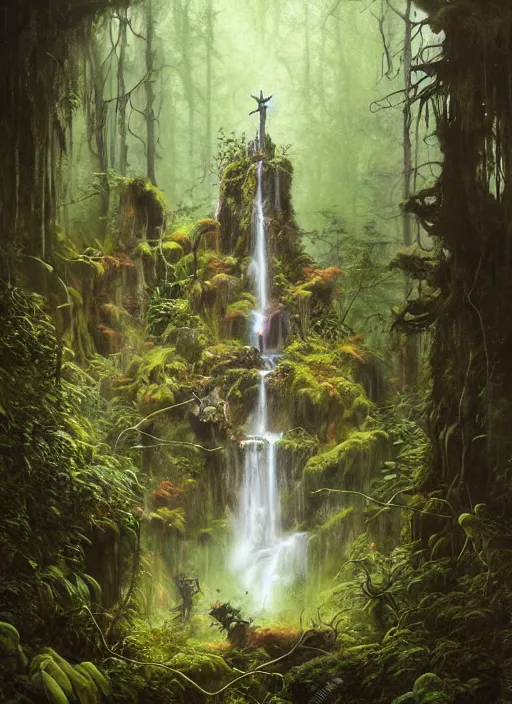 Prompt: a hyper realistic witch shrine under a waterfall in the woods, gorgeous lighting, lush forest foliage, painting by chiara bautista and tom bagshaw, muca beksinski and norman rockwell and greg rutkowski weta studio, and lucasfilm
