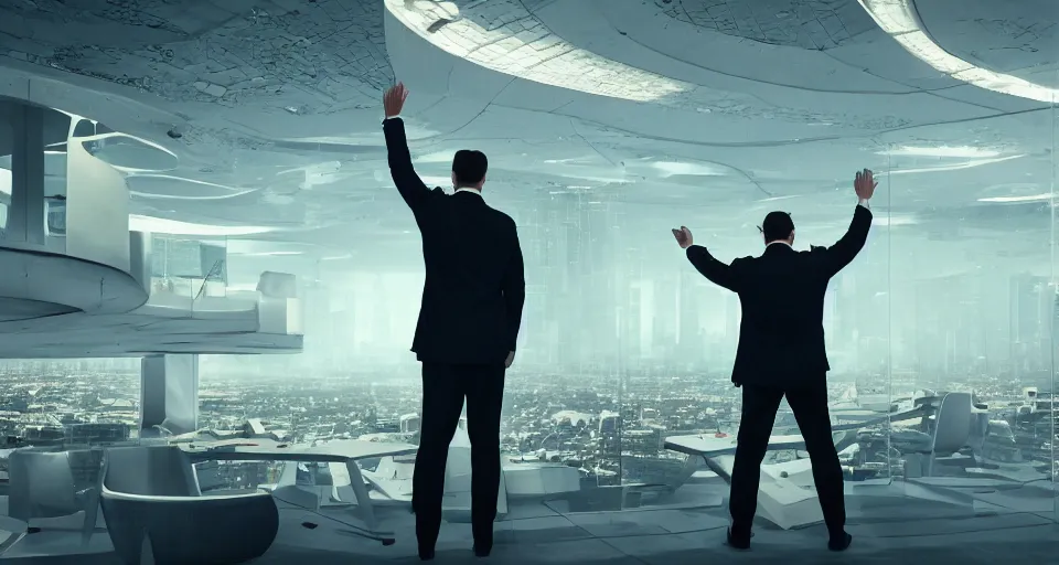 Image similar to Dramatic photo of a man in a suit waving to a large group of people in a futuristic office. Golden coins are levitating all around them. 8k, high detail, trending on Artstation, volumetric lighting, cyberpunk