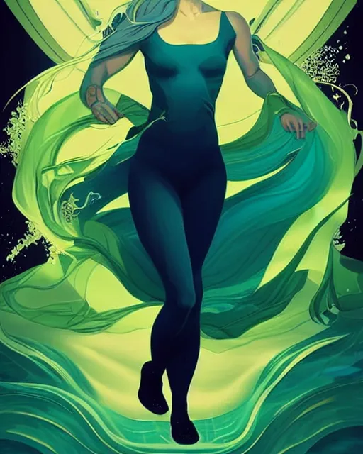 Image similar to style artgerm, joshua middleton, beautiful kristen bell with green dress, very long blue hair, water powers water swirling, symmetrical face, symmetrical eyes, detailed, beach setting, cinematic lighting