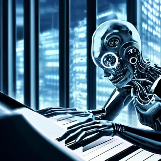 Image similar to a cyborg playing the piano in a futuristic apartment, award winning art, 4k, highly detailed, sharp focus, cinematic lighting, smooth