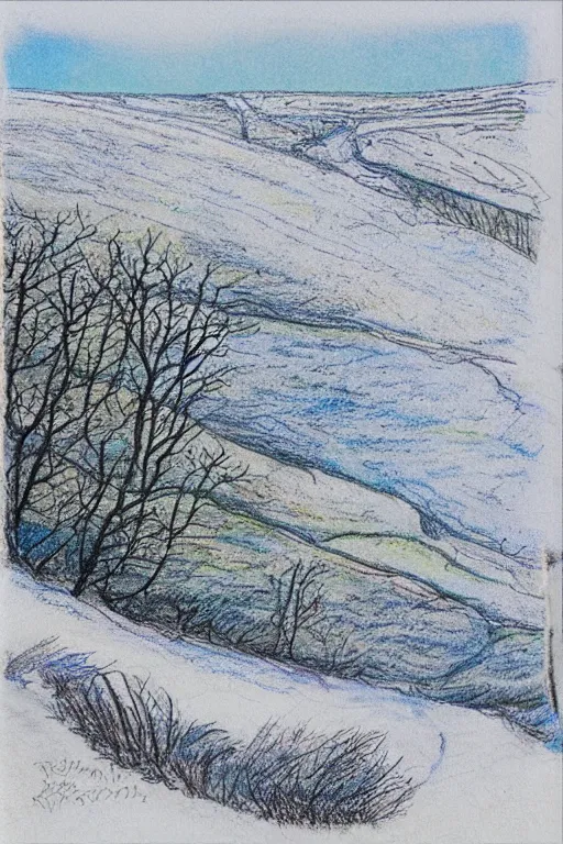 Prompt: “The Yorkshire moors, covered in snow, drawn by Raymond Briggs in coloured pencils”