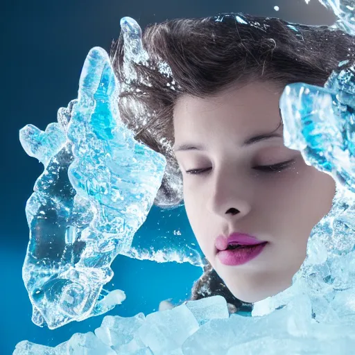 Image similar to a photo of a female swimming in a block of ice, 5 0 mm lens, f 1. 4, sharp focus, ethereal, emotionally evoking, head in focus, volumetric lighting, 8 k