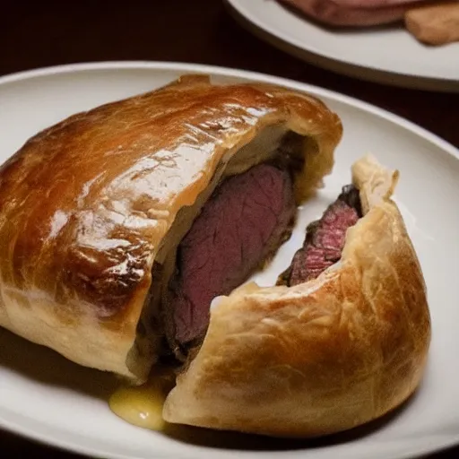 Image similar to The best beef wellington ever made, photorealistic, cinematic lighting, 4K, extremely highly detailed