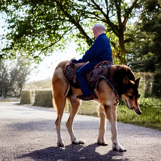 Image similar to portrait of an elderly man riding an alsatian, canon eos r 3, f / 1. 4, iso 2 0 0, 1 / 1 6 0 s, 8 k, raw, unedited, symmetrical balance, wide angle