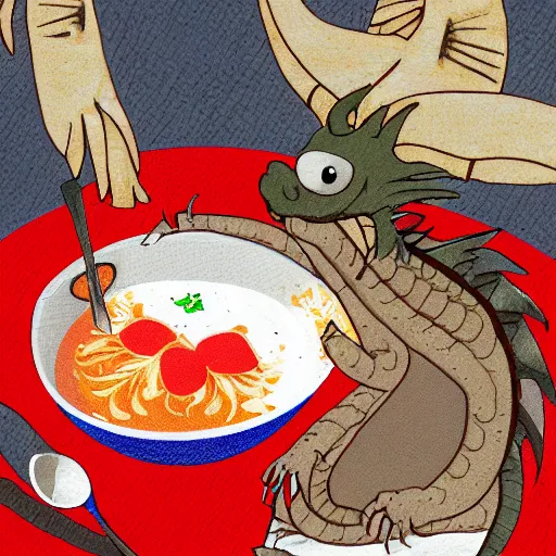 Image similar to Dragon eating russian borsch soup on the Red Square, digital art