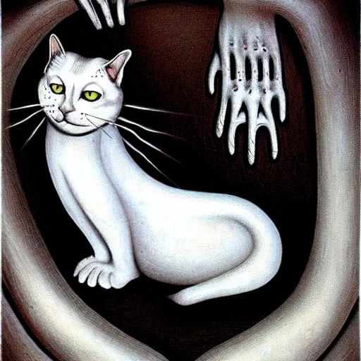 Image similar to white cat, by hr giger!!!