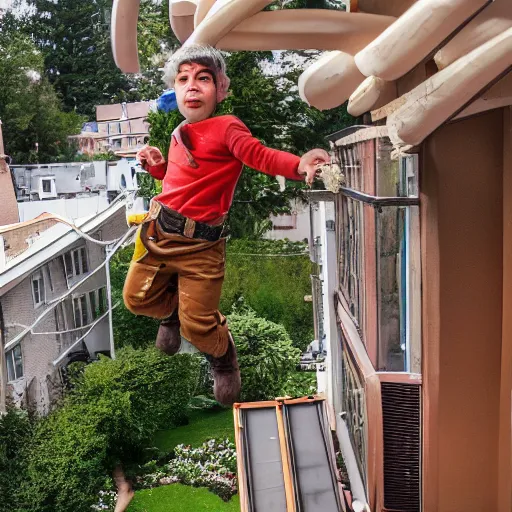 Image similar to some dwarfs are making some backyard somersault from a balcony, photography