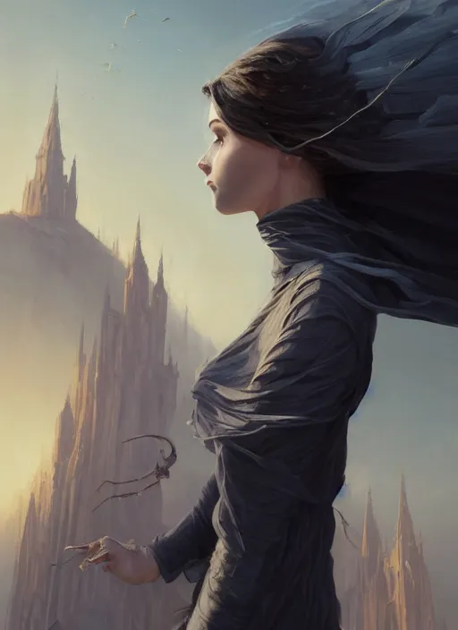 Prompt: very very detailed portrait of lady vin 5 4 3 2 9 from mistborn ascending to sky from behind, wearing black tight clothing, waving the shredded in strips cloak, medieval town landscape, detailed face, trending on artstation by greg rutkowski loish rhads ferdinand knab