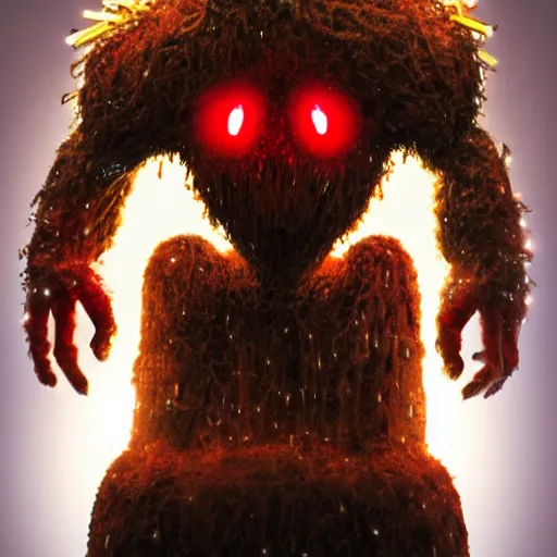 Image similar to a mechanical and human hybrid, fleshy computer clump, clumps of hair, teeth, led, lights, blood, doom monster,