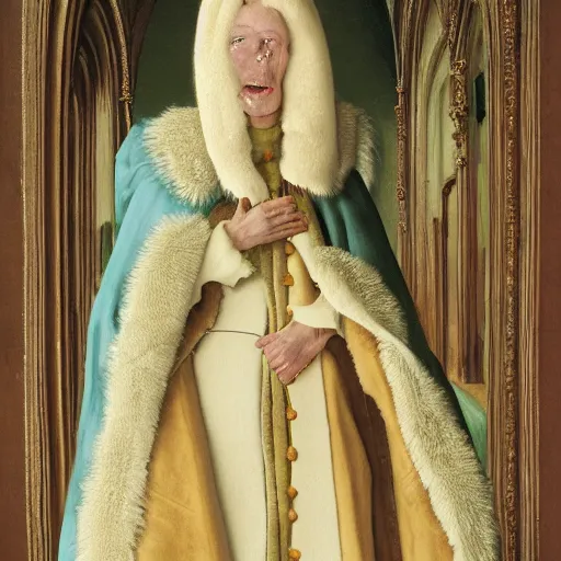 Prompt: Portrait of an anthropomorphic White brown Greyhound wearing a mink robe in an abbey. Very high quality. Drawn by James Christensen
