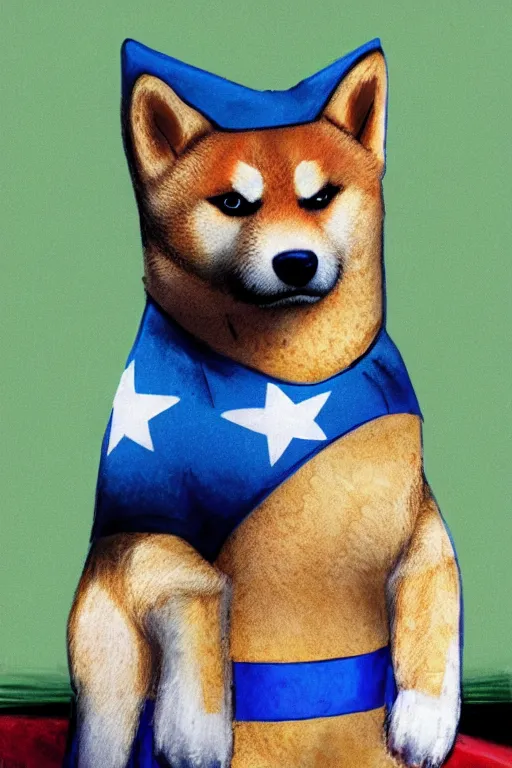 Image similar to full body portrait of a Shiba Inu wearing a superhero costume, illustration, hyper realistic, 8k