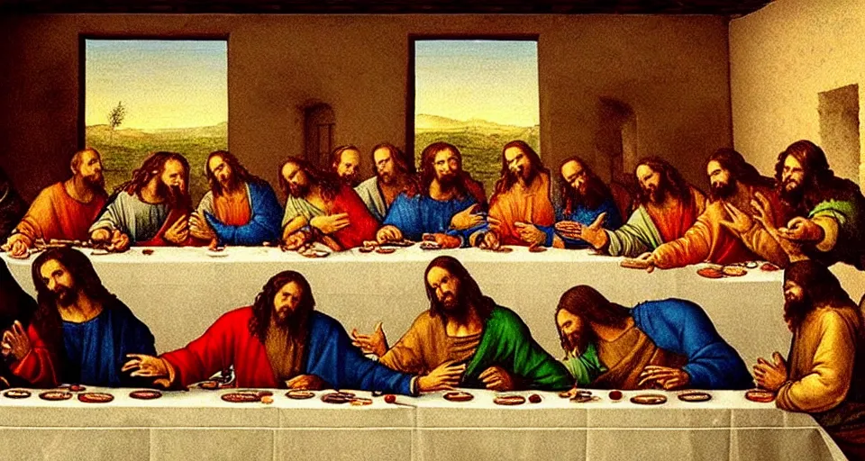 Image similar to The last supper, but Jesus is the DJ (disc jesus), painting by Leonardo da Vinci