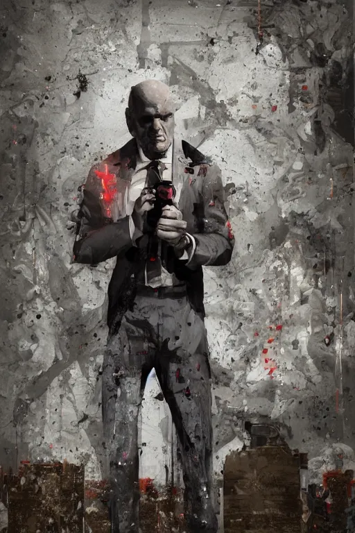 Image similar to an intricate and expressive full body portrait of agent 4 7 from hitman in a hallway full of guns, dark background, red rim light, highly detailed, digital art, artstation, concept art by giger stalenhag