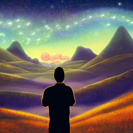 Image similar to idealized detailed image of a content man thinking to himself while in a dream-like environment, looking over a landscape of bright, rolling hills, a quaint little village in the background and starlit skies, the sky has purple/light orange undertones