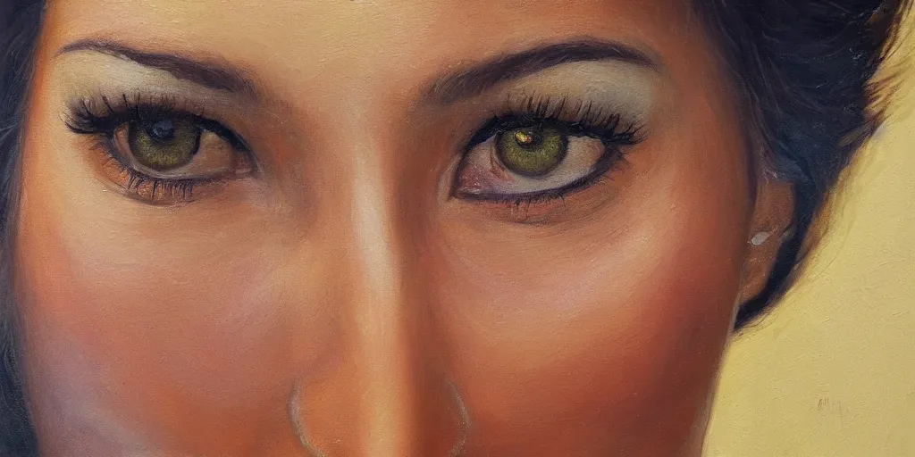 Prompt: beautiful sedutive woman with an eye on her forehead, oil panting, golden hour, higly detailed