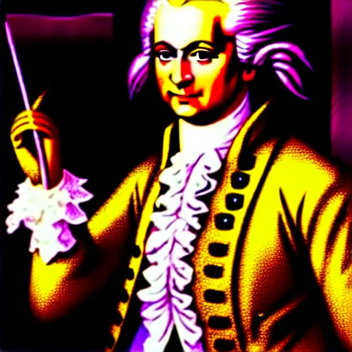 Image similar to a photo of wolfgang amadeus mozart on a rave. he sweats a lot because the club is poorly ventilated, but he still has a great time. club photography, smartphone photography.