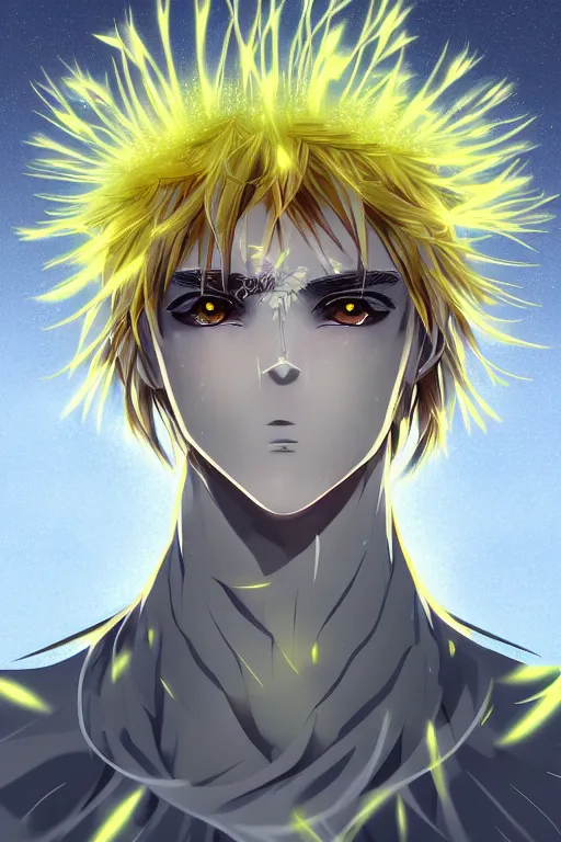 Image similar to glowing luminescent dandelion male anime character, symmetrical, highly detailed, digital art, sharp focus, trending on art station, amber eyes, autumnal colours