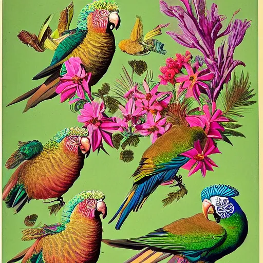 Image similar to beautiful elegant ernst haeckel fauna illustration of many greek cheek conures!!!!!! and flowers, ( greek cheek conure ) ( green cheeked parakeet ) ( pyrrhura molinae )