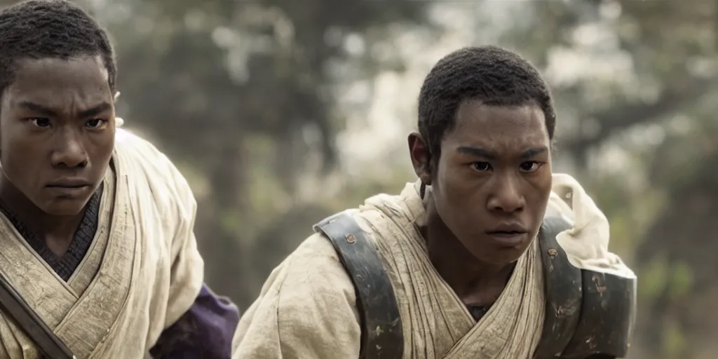 Image similar to a film still of a black boy starring in a japanese blockbuster film as ancient samurai, intense, shallow depth of field, cinematic, award winning cgi, vfx, film still