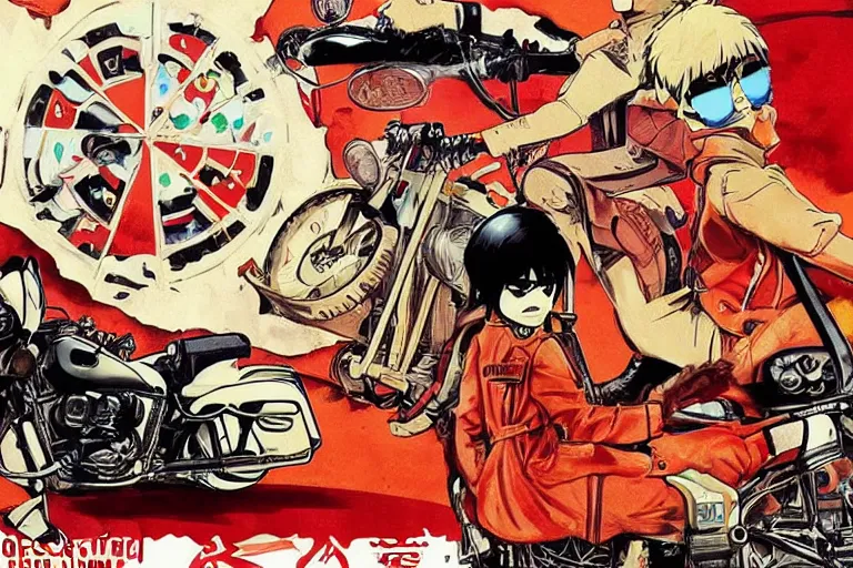 Prompt: pizza restaurant, akira's motorcycle, gorillaz, poster, high quality