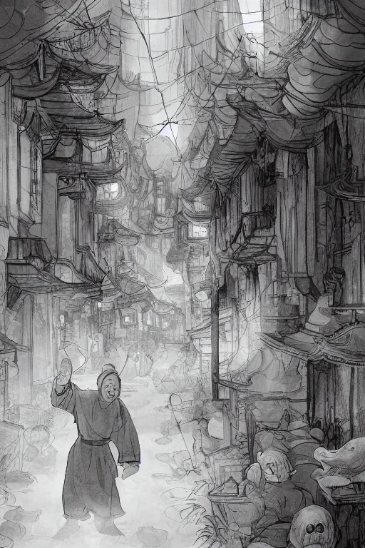 Image similar to on the night of the chinese new year's day, many chinese ghosts wander in the ancient chinese streets. the guiding line composition method, the tindal effect, the soft light, the cool color, by wu jinyuan, trending on artstation