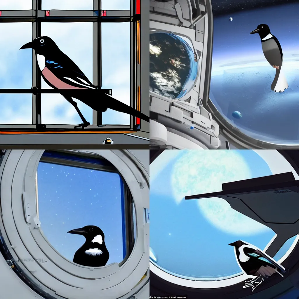 Prompt: A magpie sits in the window of a futuristic space station overlooking other planets