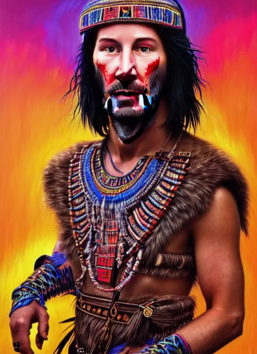 Image similar to portrait of keanu reeves, hyper detailed ultra sharp aztec shaman warrior. trending on artstation, warpaint aesthetic, bloodwave, colorful, psychedelic, ornate, intricate, digital painting, concept art, smooth, sharp focus, illustration, art by artgerm and greg rutkowski and h. r. giger, 8 k