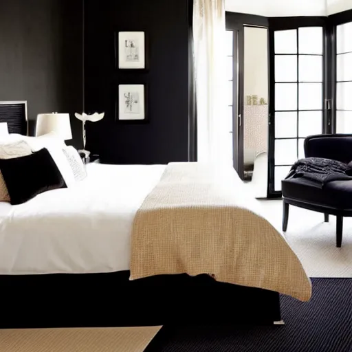 Image similar to stylish luxury hotel bedroom design, feminine, black walls, Japanese influences